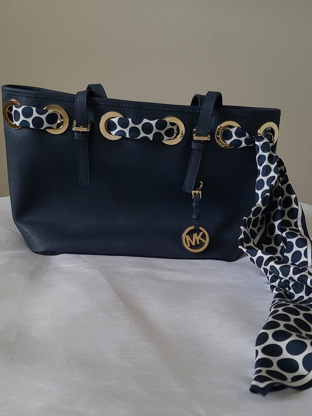 Michael Kors Navy Leather Tote with Gold Accents and Polka Dot Scarf NWOT